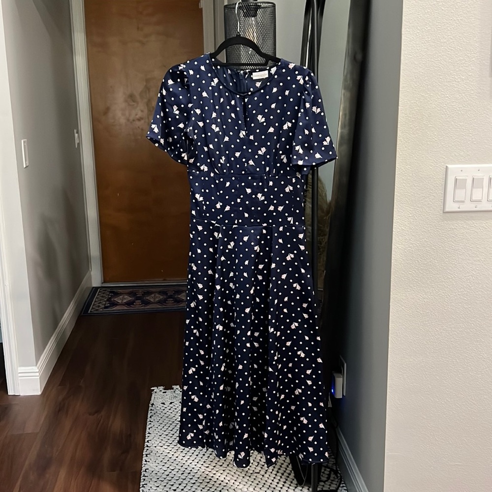 Navy blue floral print satin dress